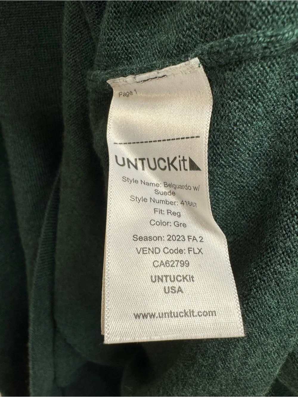 UNTUCKit Men's Merino Wool 1/4 Zip Sweater Forest Green XXL Belguardo Style
